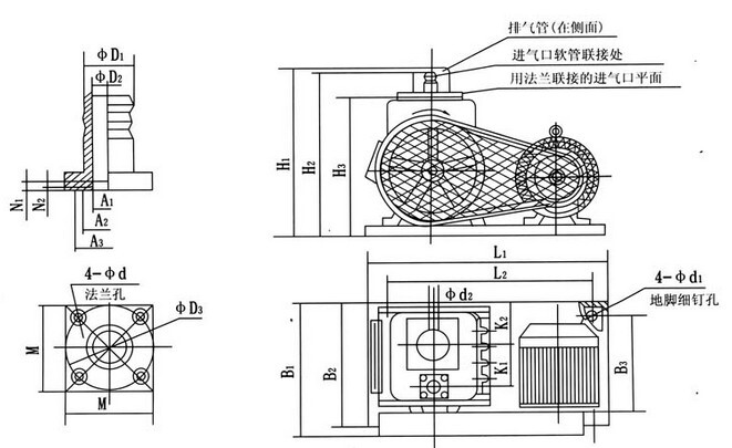 2X-4A型双级旋片式真空泵的安装尺寸表